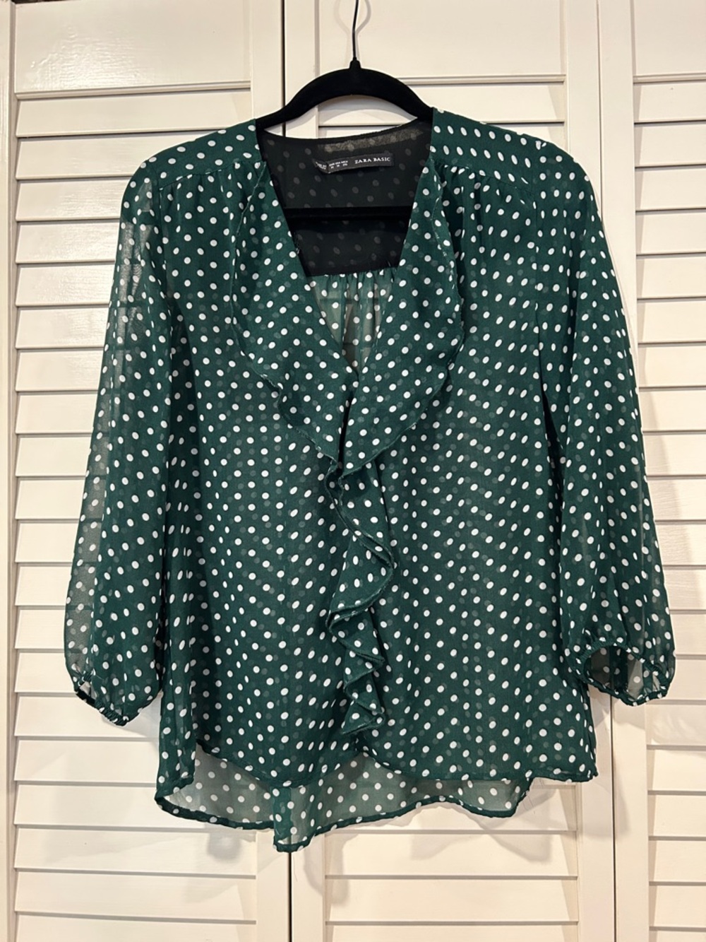 Zara Green Slightly Sheet White Polka Dot Ruffle Blouse Size M